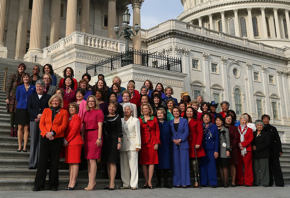 Nancy Pelosi posing with female House members on Capitol Hill in Washington